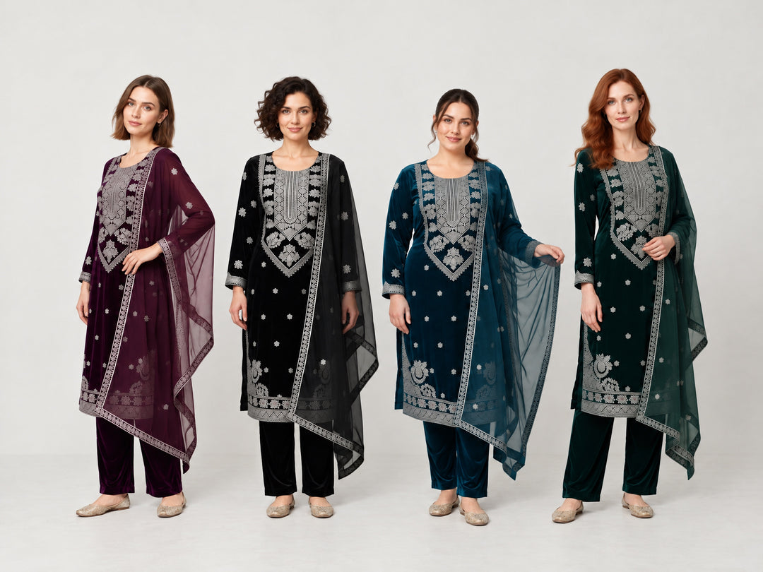 W657 LUXURY VELVET EMBROIDERED 3 PIECE SUIT