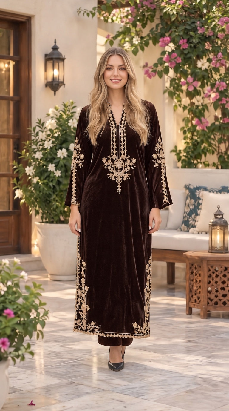 W636 LUXURY VELVET EMBROIDERED KAFTAN SET - East meets west clothing 
