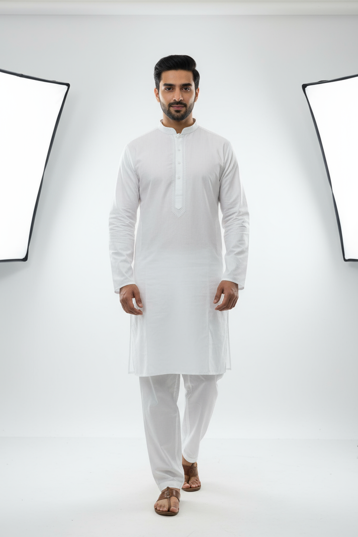 DN654b - Men's White Embroidered Kameez set