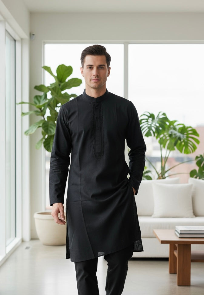 DN654a - Men's Black Embroidered Kameez set