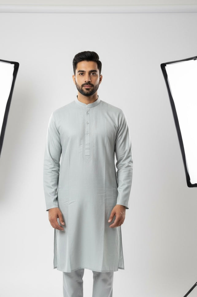 DN654d - Men's Light Grey Embroidered Kameez set