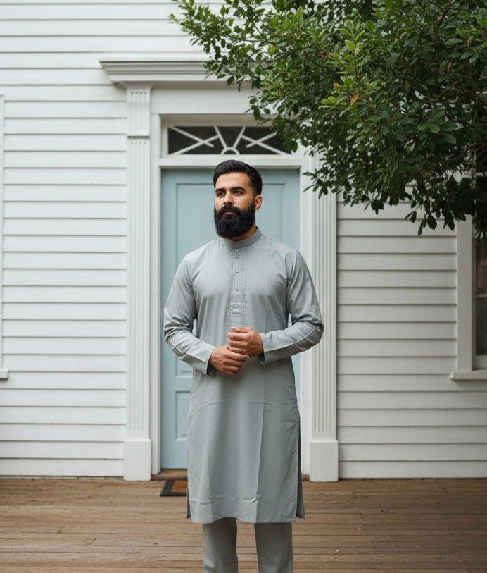DN654E - Men's Grey Embroidered Kameez set