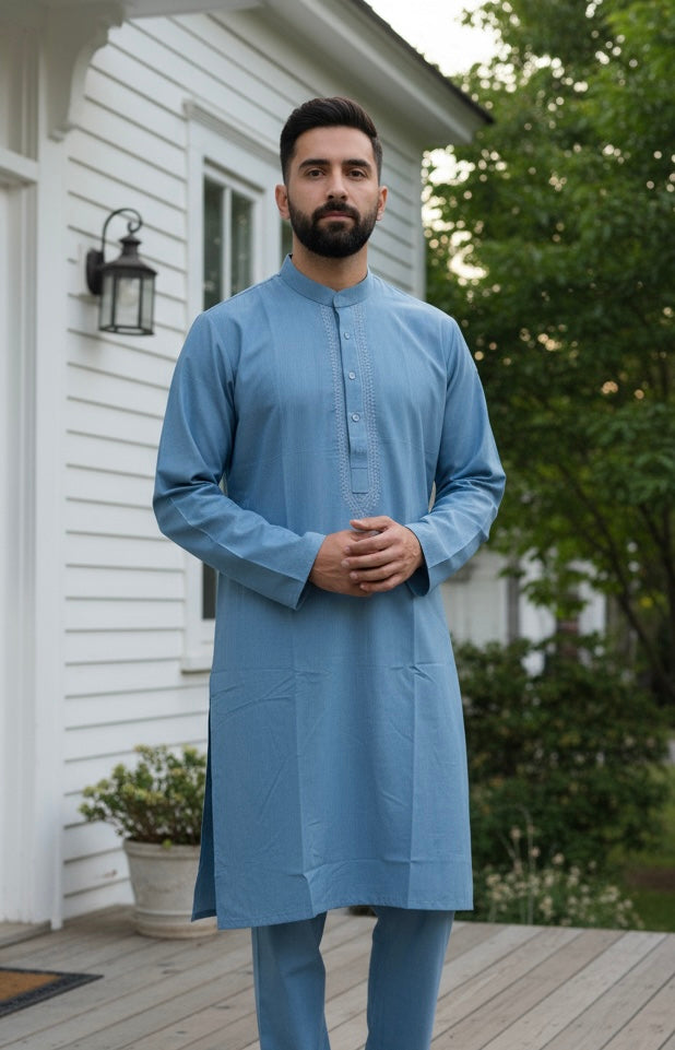 DN654G - Men's Blue Embroidered Kameez set