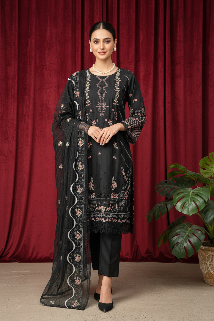 1144C - Black Embroidered Cotton 3 Piece suit