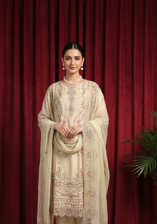 1144d - Beige Embroidered Cotton 3 Piece suit