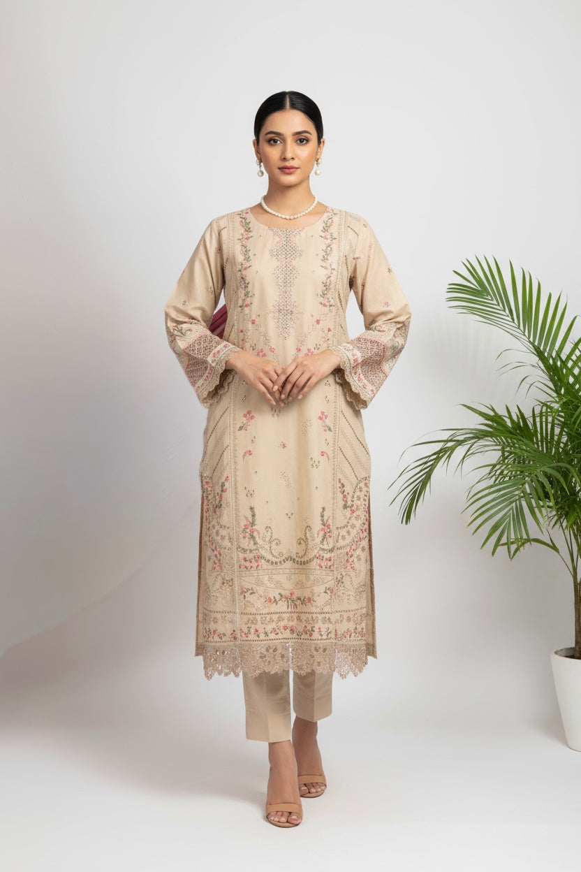 1144d - Beige Embroidered Cotton 3 Piece suit