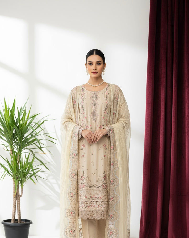 1144d - Beige Embroidered Cotton 3 Piece suit