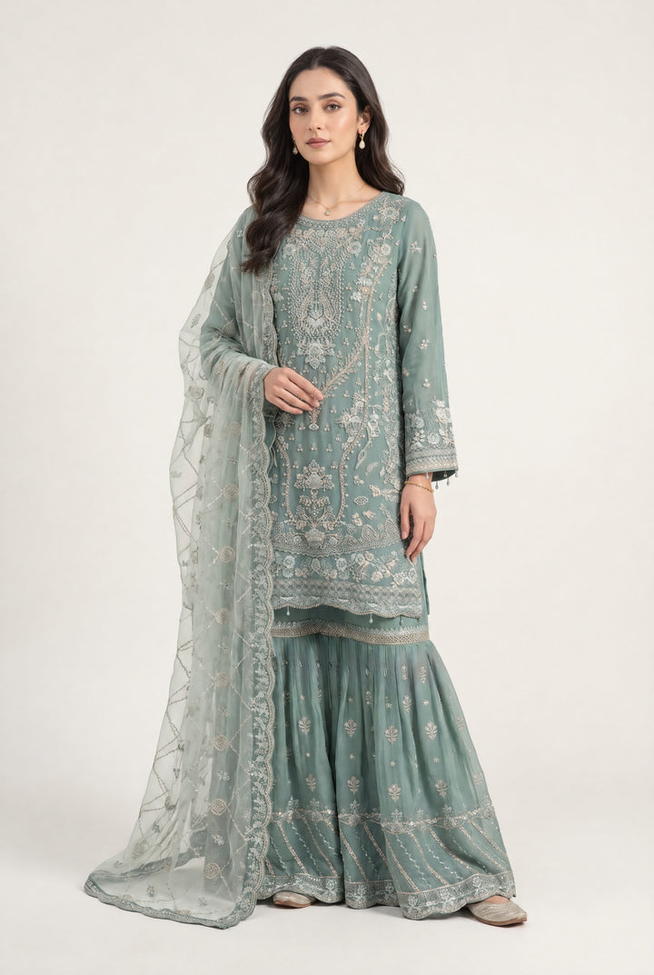 374B Sage Green Embroidered Chiffon Gharara 3 Piece Suit