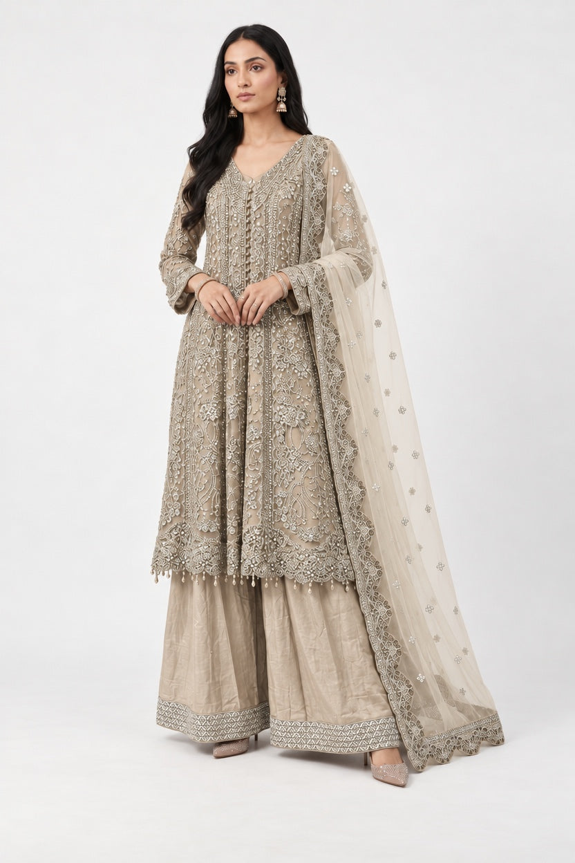 376A BEIGE GOLD EMBROIDERED 3 PIECE SUIT