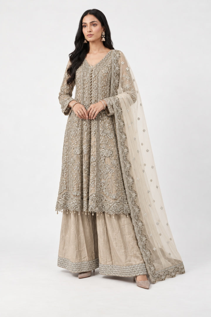 376A BEIGE GOLD EMBROIDERED 3 PIECE SUIT