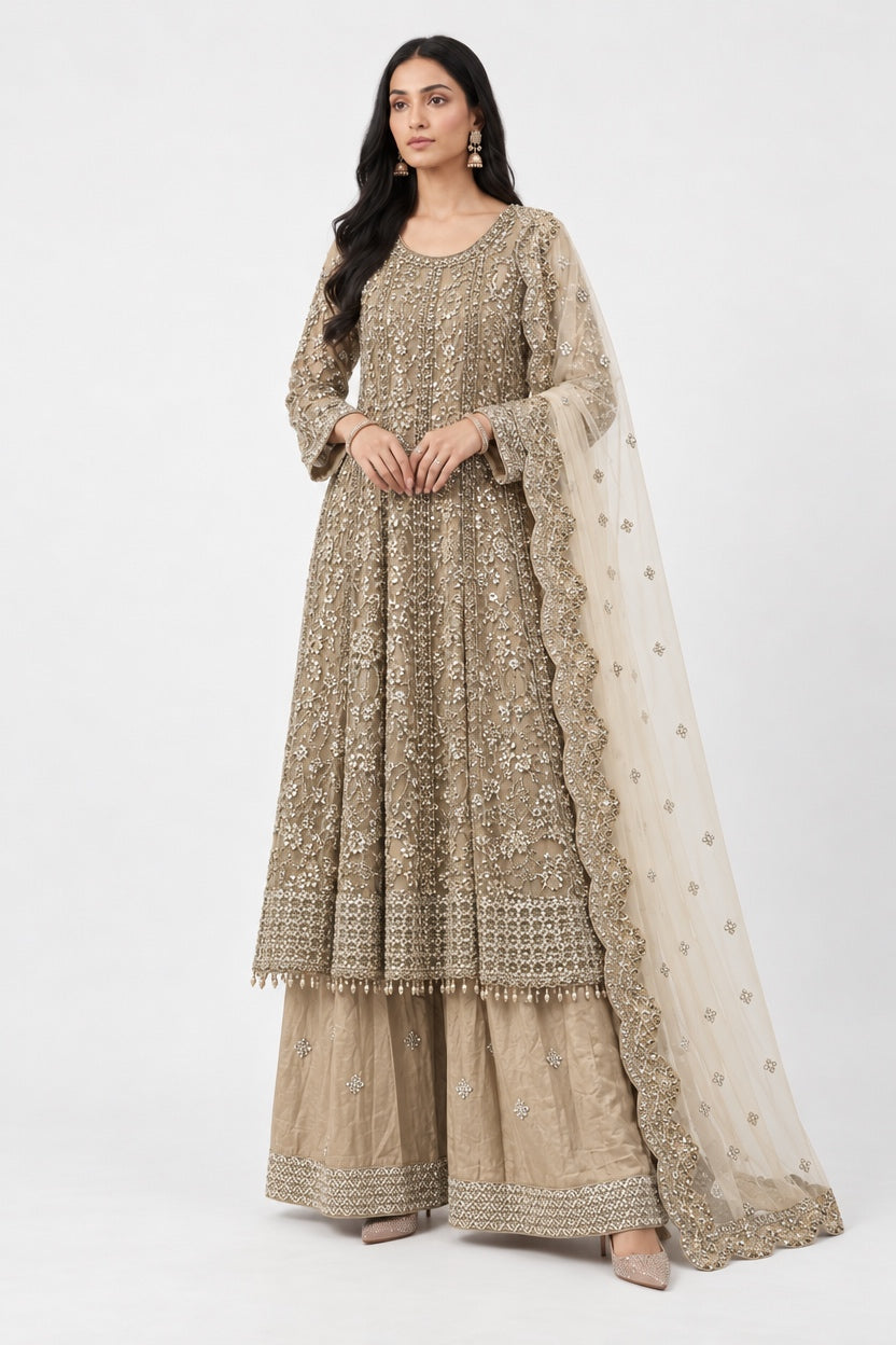 375 BEIGE GOLD EMBROIDERED 3 PIECE SUIT