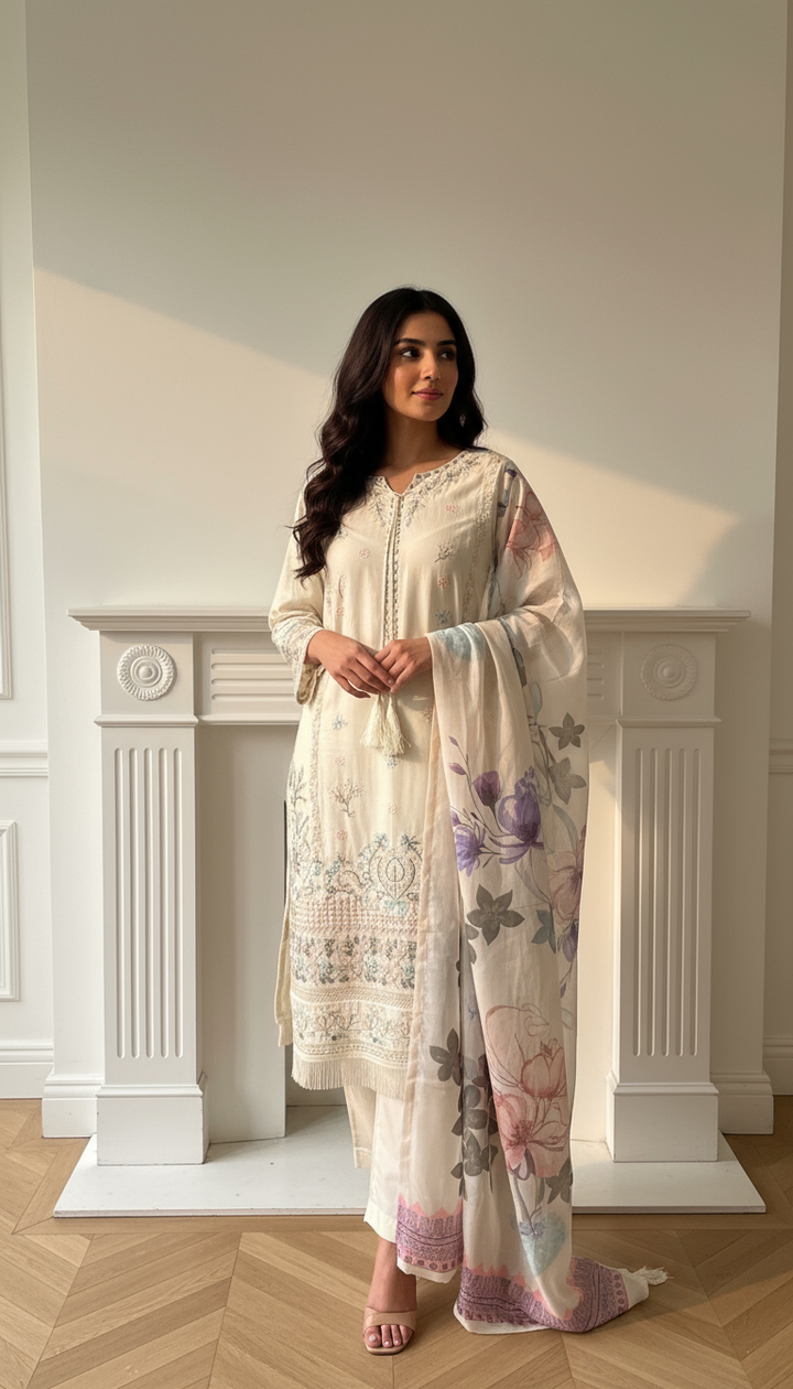 1154A - Cream Embroidered Linen 3 Piece suit