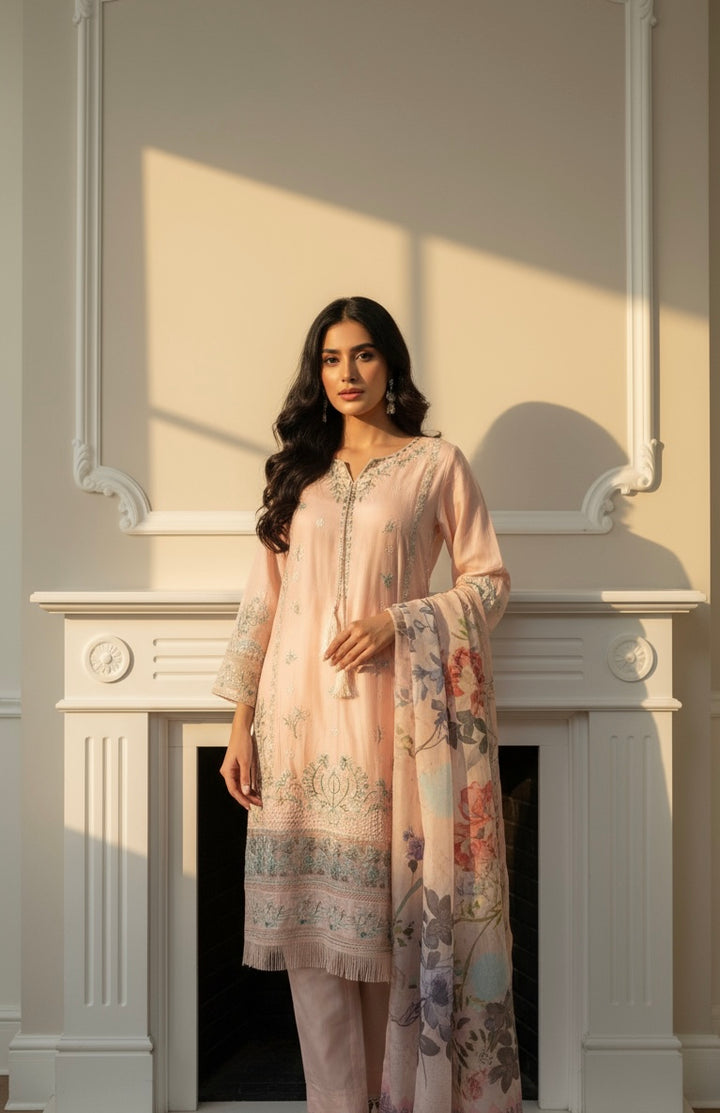 1154B - Peach Embroidered Linen 3 Piece suit