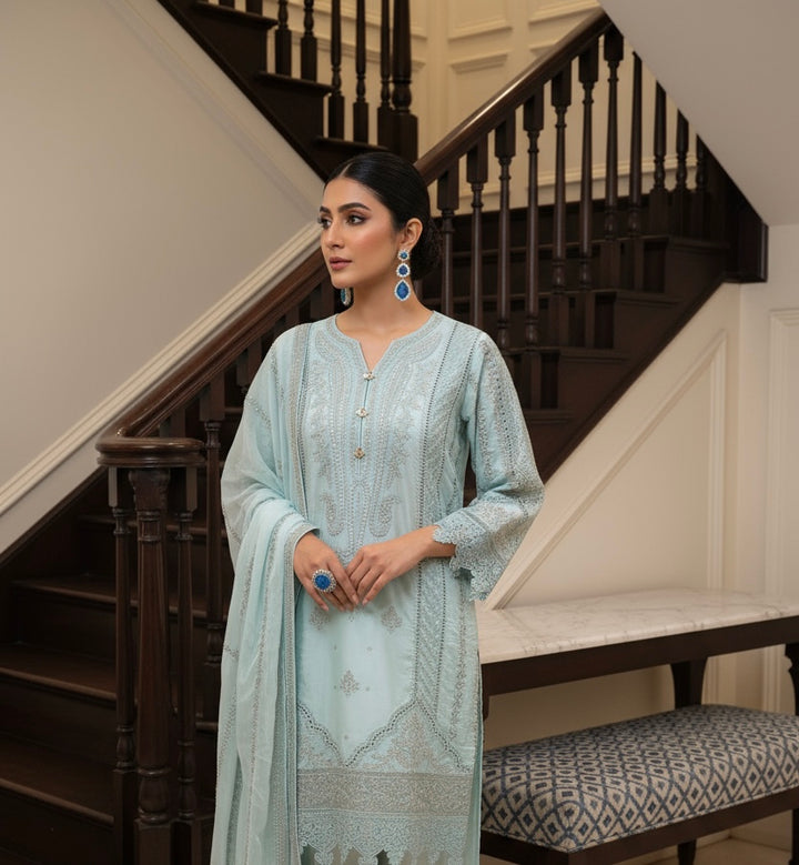 1153A - Light Blue Embroidered Linen 3 Piece suit