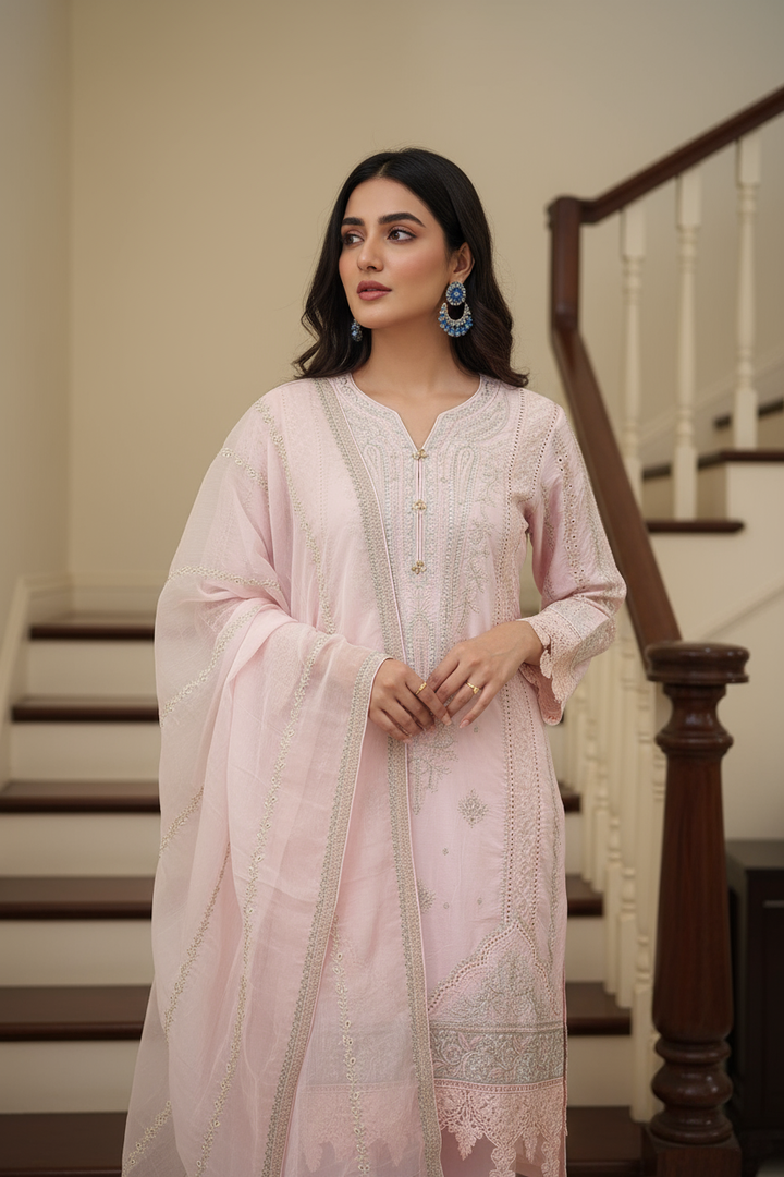 1153C - Light Pink Embroidered Linen 3 Piece suit