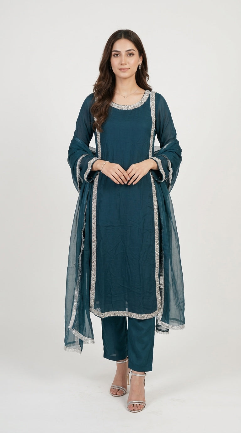 377C Teal Embroidered Chiffon Hand Work 3-Piece Suit