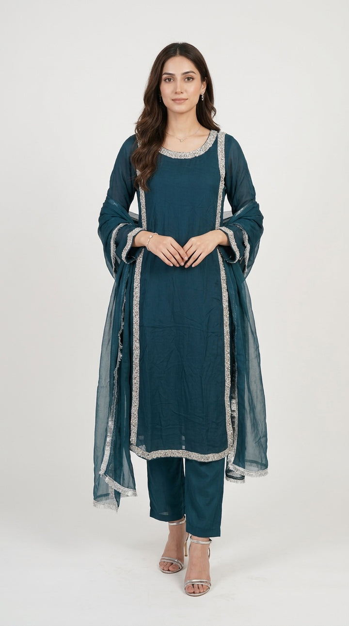 377C Teal Embroidered Chiffon Hand Work 3-Piece Suit
