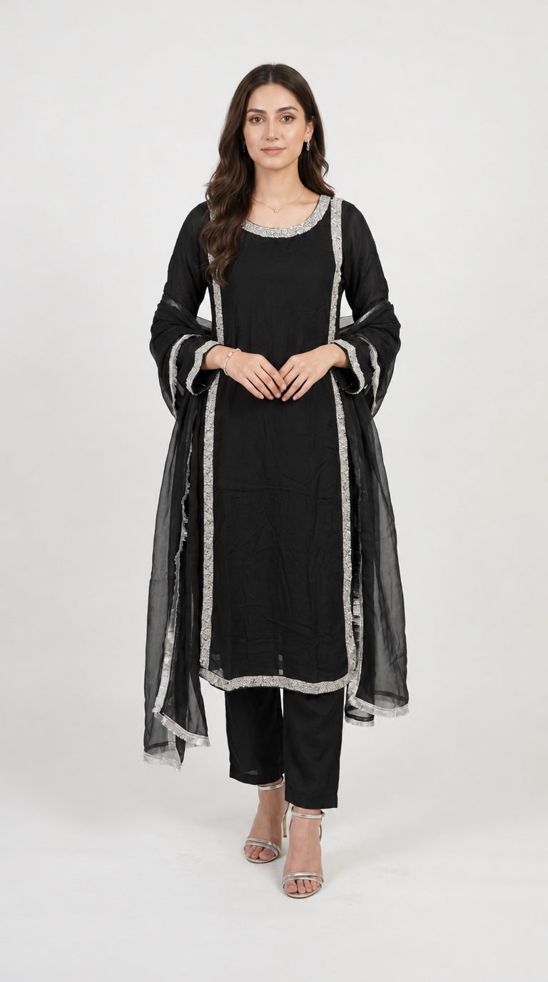 377B Black Embroidered Chiffon Hand Work 3-Piece Suit
