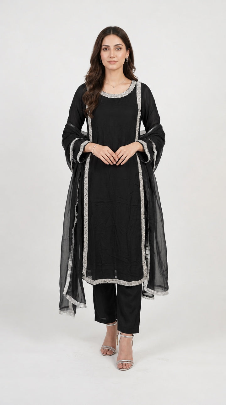 377B Black Embroidered Chiffon Hand Work 3-Piece Suit