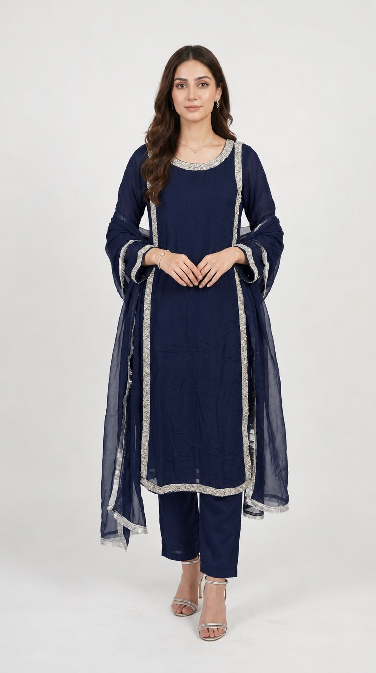 377A Blue Embroidered Chiffon Hand Work 3-Piece Suit