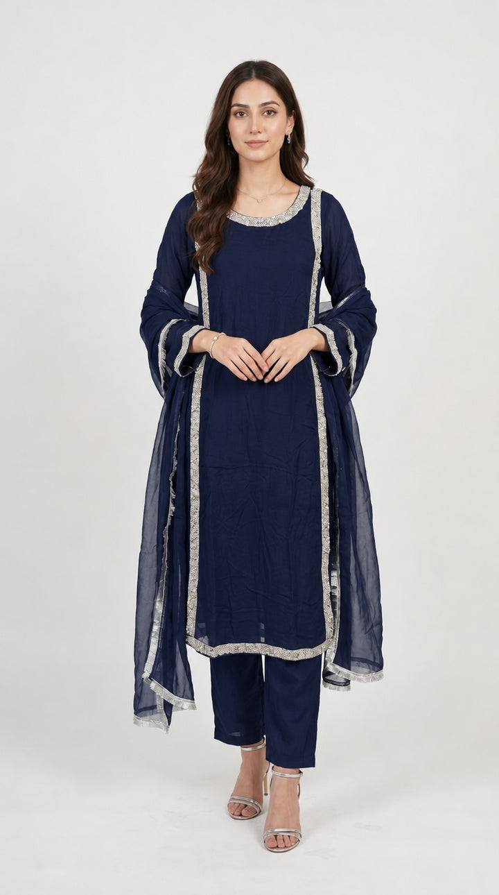 377A Blue Embroidered Chiffon Hand Work 3-Piece Suit