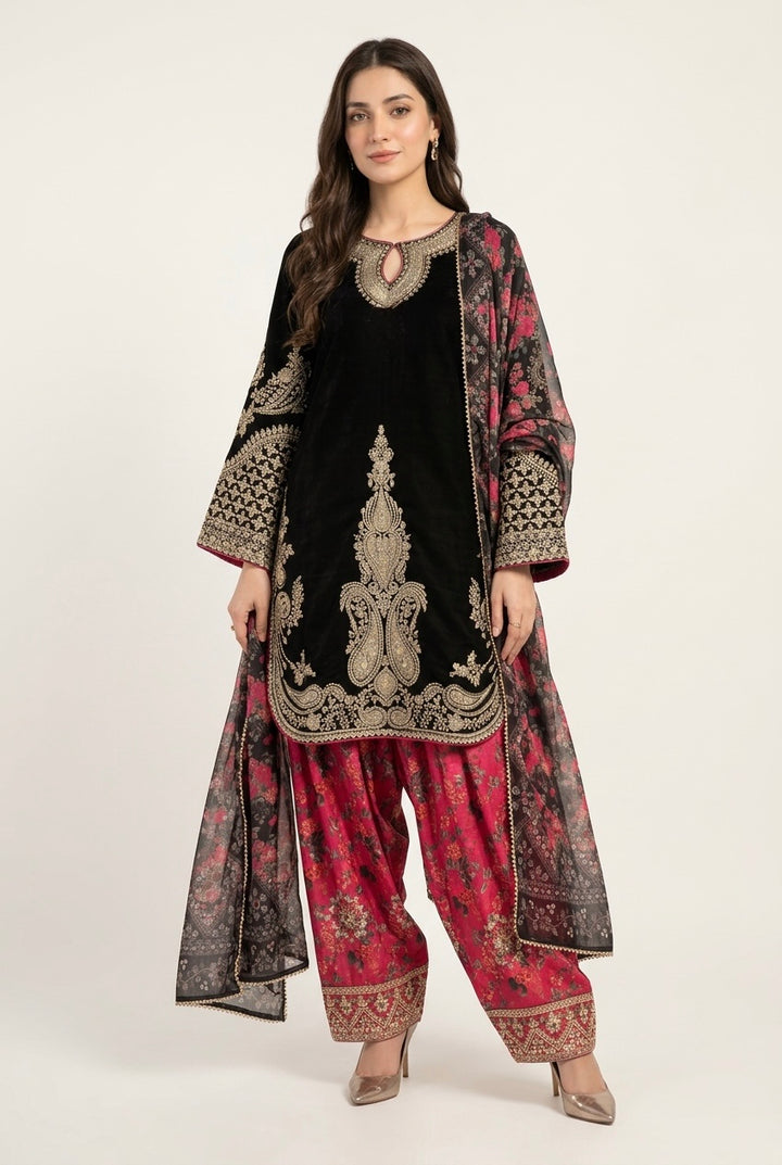 378C Black Embroidered Viscose Pakistani Shalwar Suit - East meets west clothing 