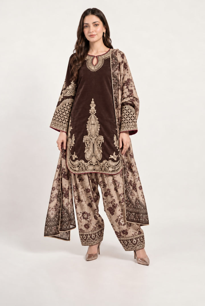 378B Brown Embroidered Viscose Pakistani Shalwar Suit - East meets west clothing 