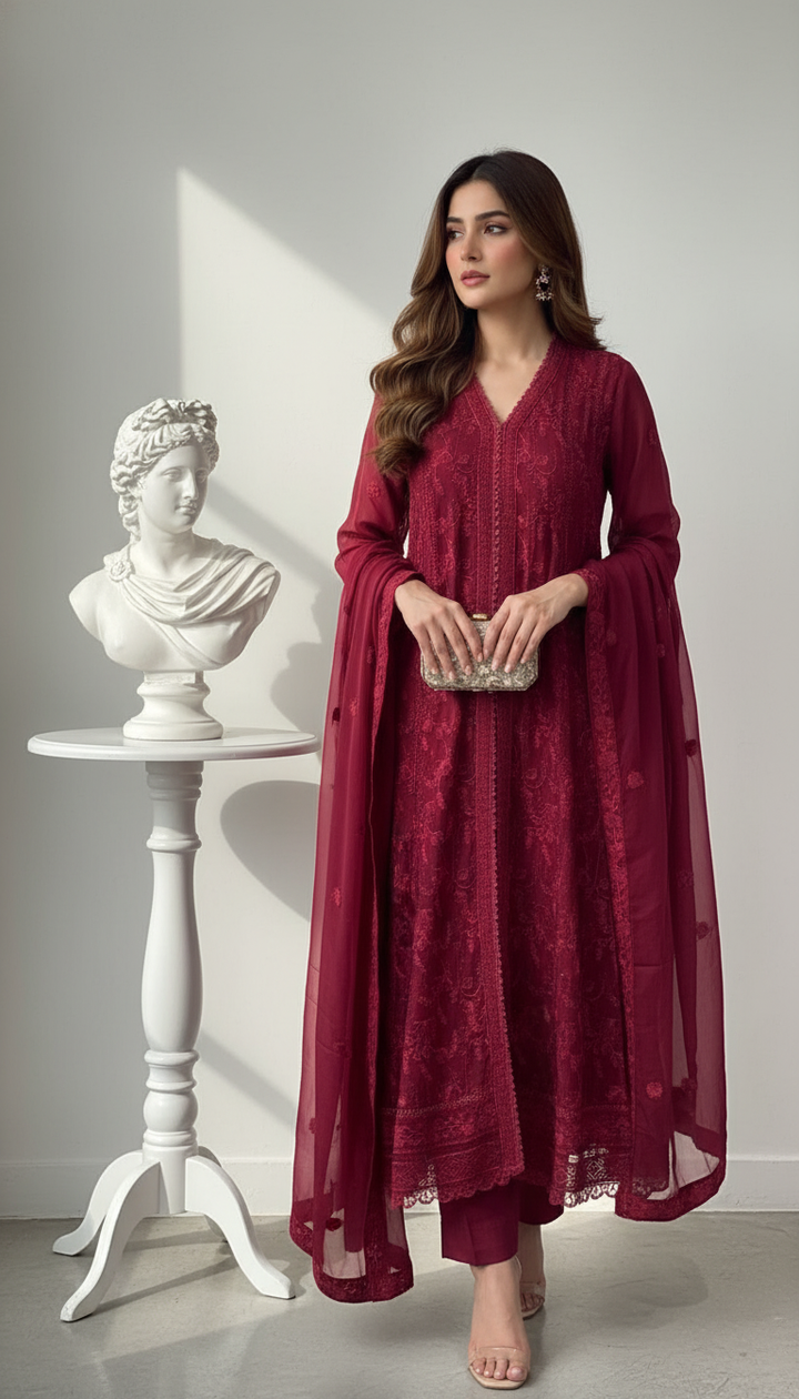 331B- RED EMBROIDERED CHIFFON 3 PIECE SUIT