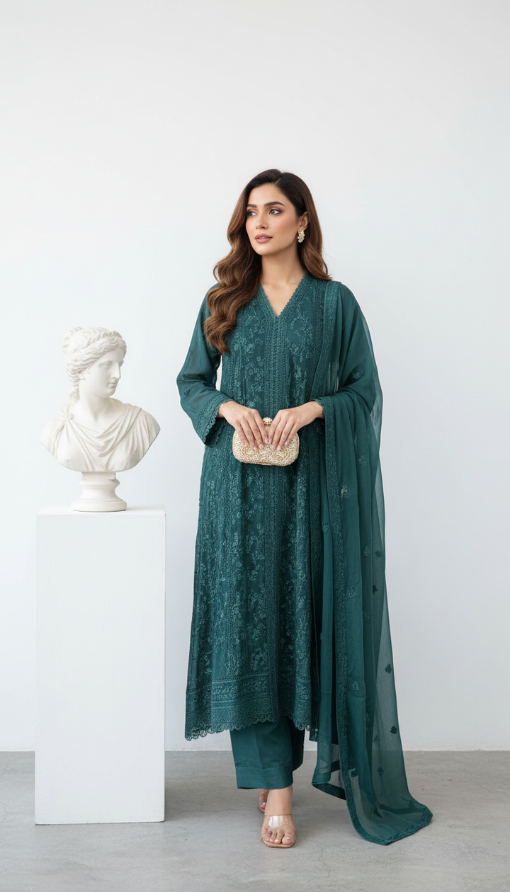 331C- GREEN EMBROIDERED CHIFFON 3 PIECE SUIT