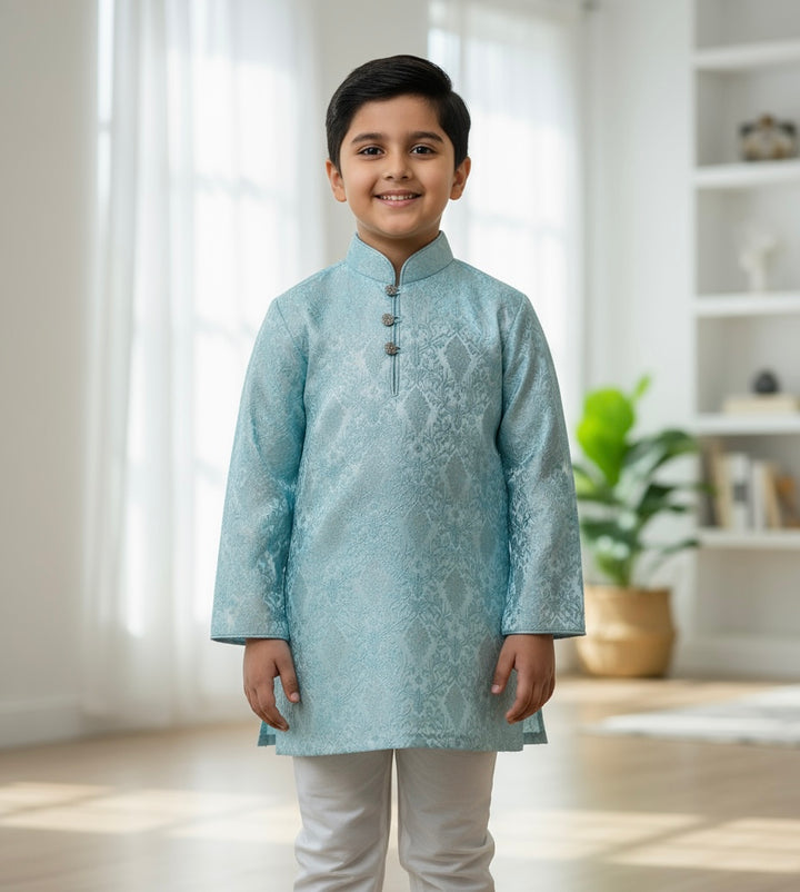 JN611a - Light Blue Jacquard Silk kameez set for Men & Boys
