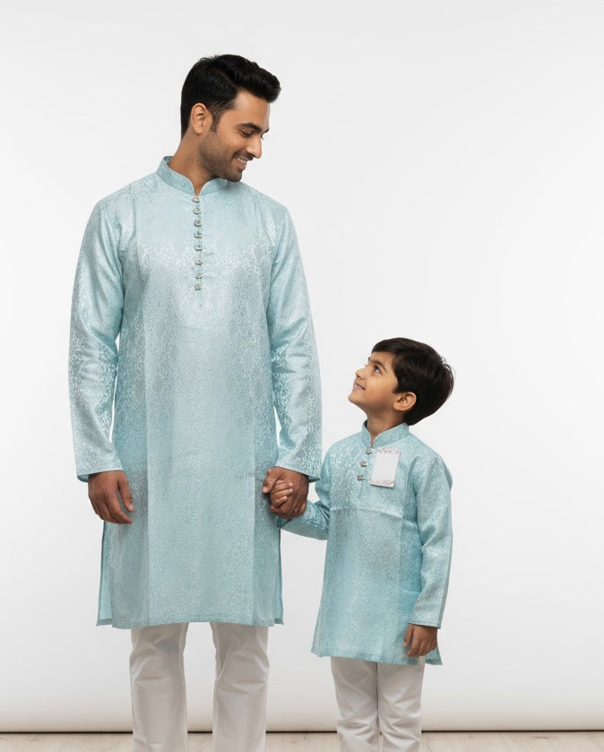 JN611a - Light Blue Jacquard Silk kameez set for Men & Boys
