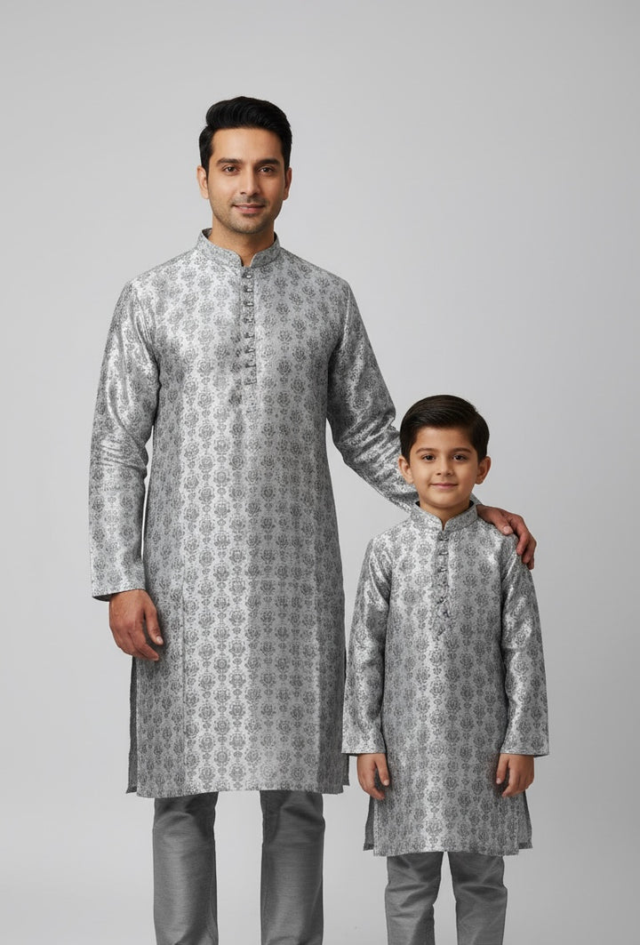 JN611b - Grey Jacquard Silk kameez set for Men & Boys