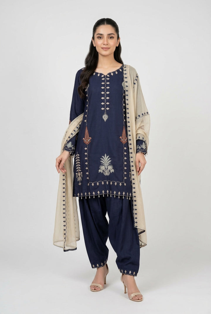 1137A Navy Blue Viscose Embroidered Pakistani Suit with Shalwar