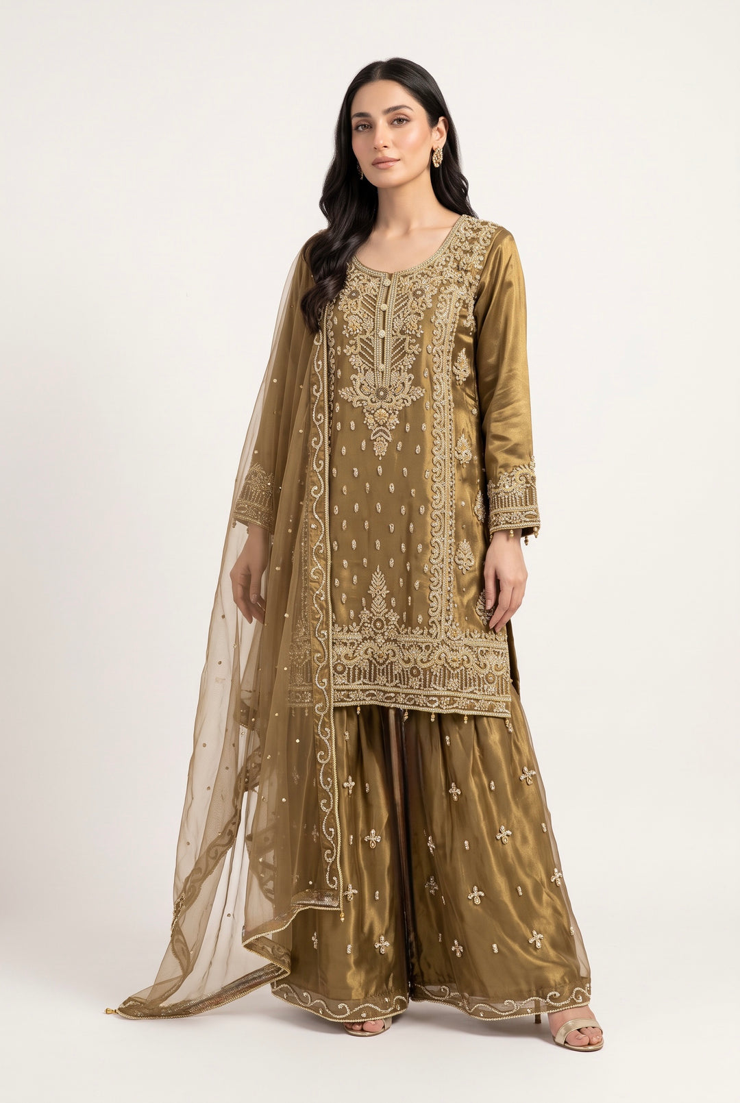 142A EMBROIDERED & EMBELLISHED NET 3 PIECE SUIT - East meets west clothing 