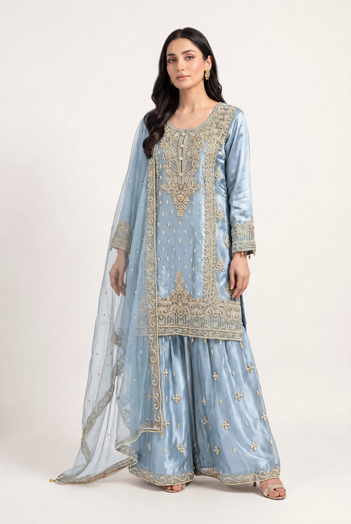 142B LIGHT BLUE EMBROIDERED & EMBELLISHED NET 3 PIECE SUIT
