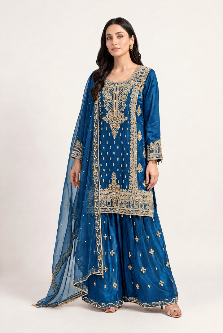 142D EMBROIDERED & EMBELLISHED NET 3 PIECE SUIT - East meets west clothing 