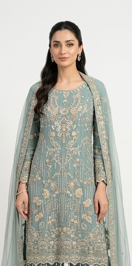 380A Embroidered Chiffon 3 Piece Sharara Suit - East meets west clothing 