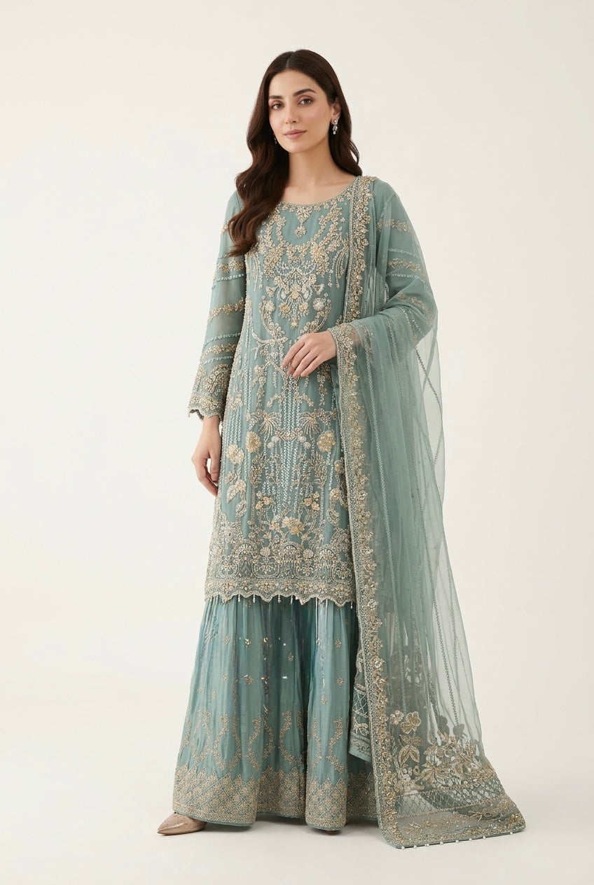 380A Embroidered Chiffon 3 Piece Sharara Suit - East meets west clothing 