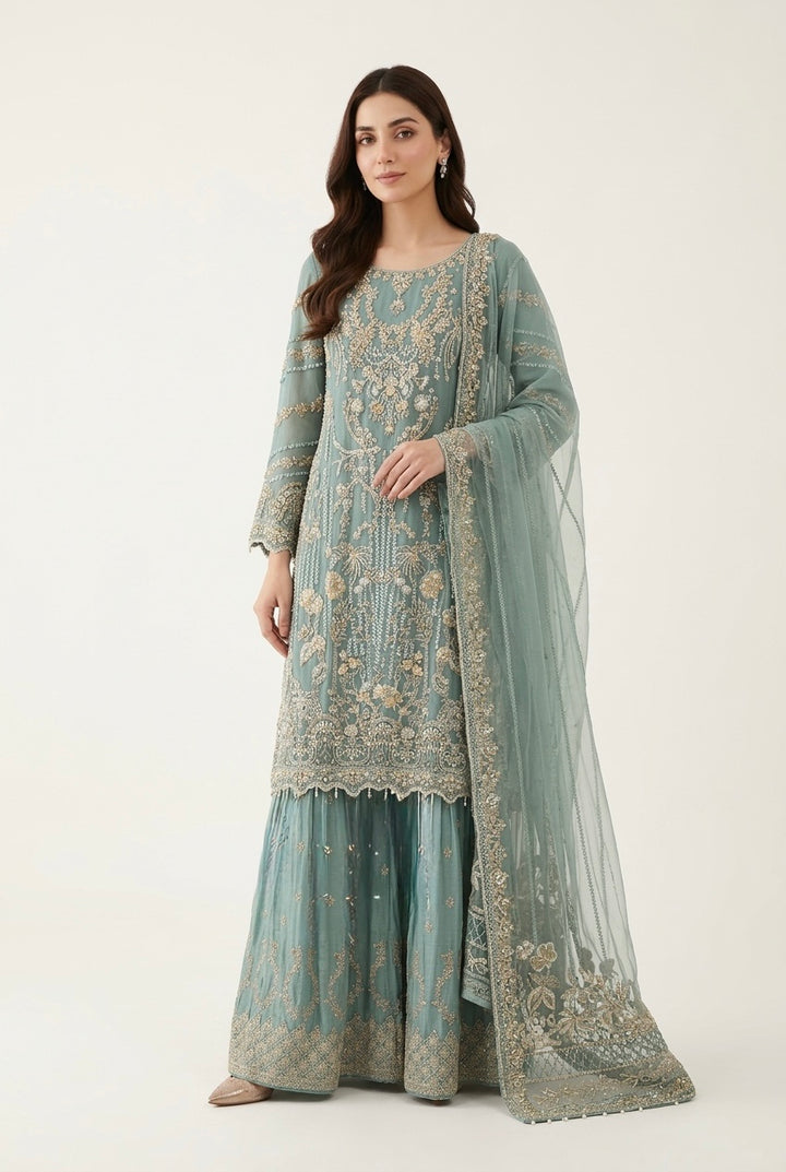 380A Embroidered Chiffon 3 Piece Sharara Suit - East meets west clothing 