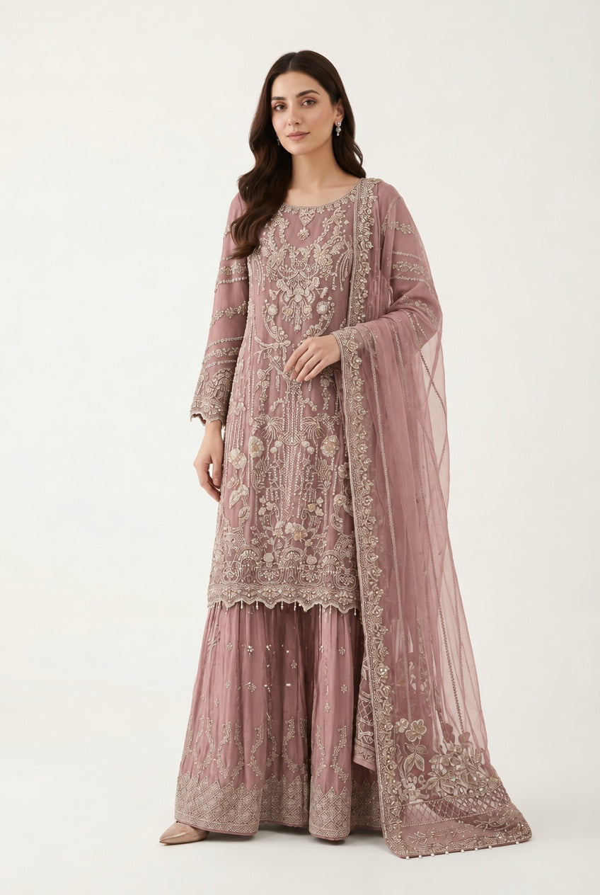 380B Dusty Pink Embroidered Chiffon 3 Piece Sharara Suit - East meets west clothing 
