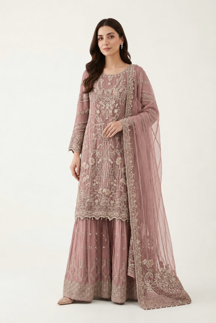 380B Dusty Pink Embroidered Chiffon 3 Piece Sharara Suit - East meets west clothing 