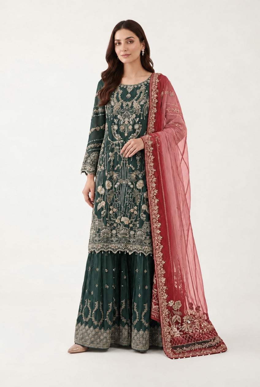 380C Green Embroidered Chiffon 3 Piece Sharara Suit - East meets west clothing 