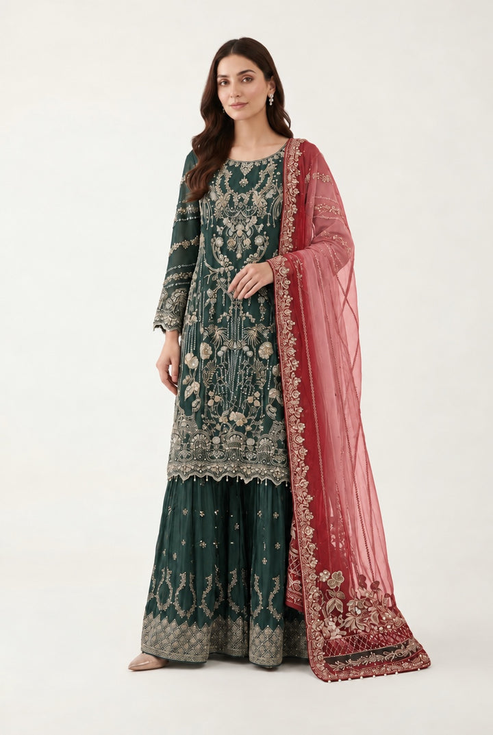 380C Green Embroidered Chiffon 3 Piece Sharara Suit - East meets west clothing 