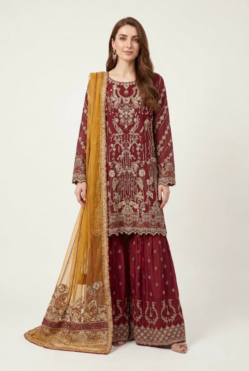 380D Embroidered Chiffon 3 Piece Sharara Suit - East meets west clothing 