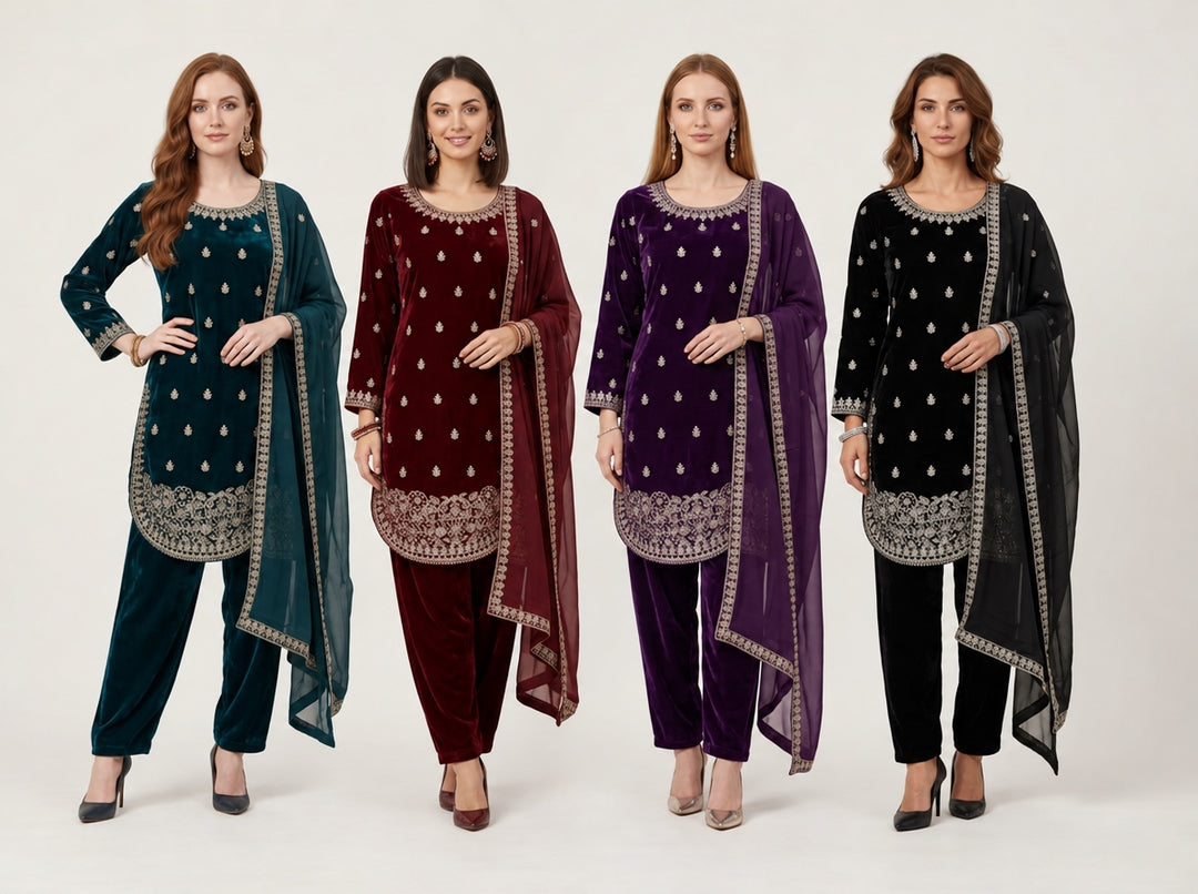 W1254 LUXURY VELVET EMBROIDERED 3 PIECE SUIT - East meets west clothing 