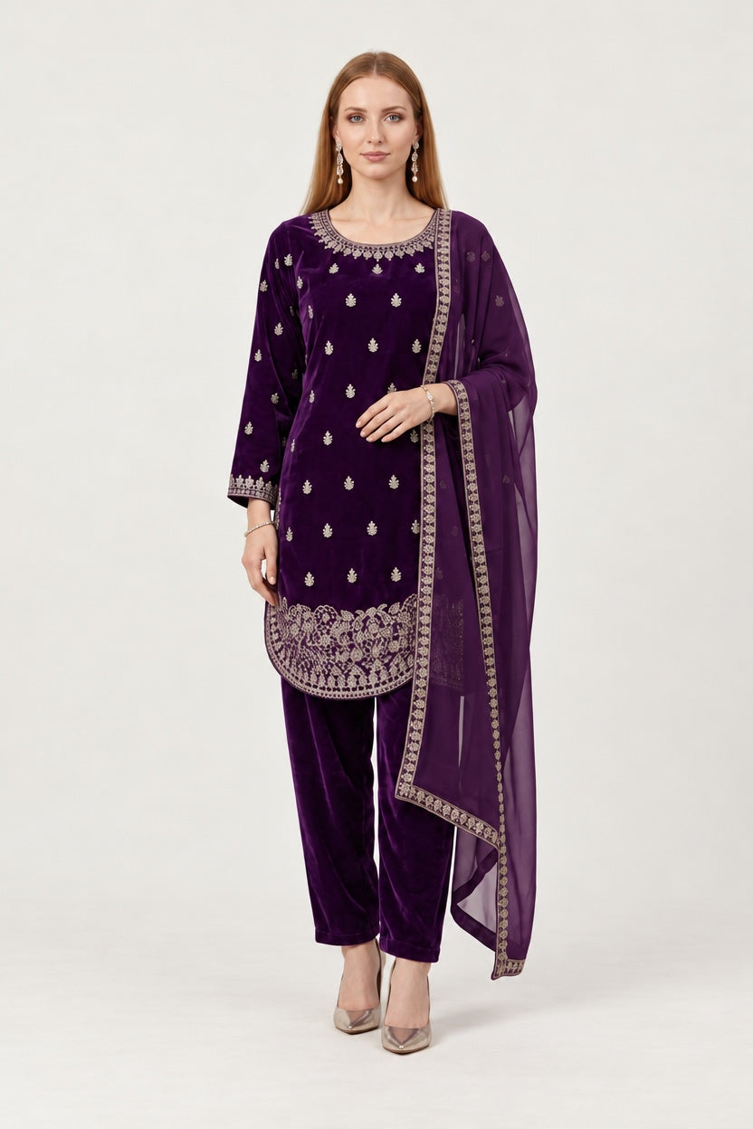 W1254 LUXURY VELVET EMBROIDERED 3 PIECE SUIT - East meets west clothing 
