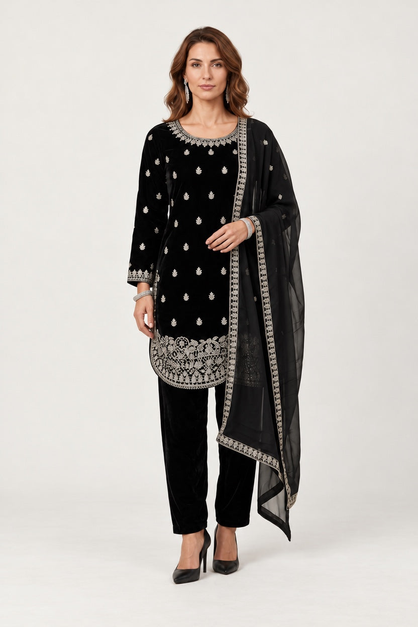 W1254 LUXURY VELVET EMBROIDERED 3 PIECE SUIT - East meets west clothing 