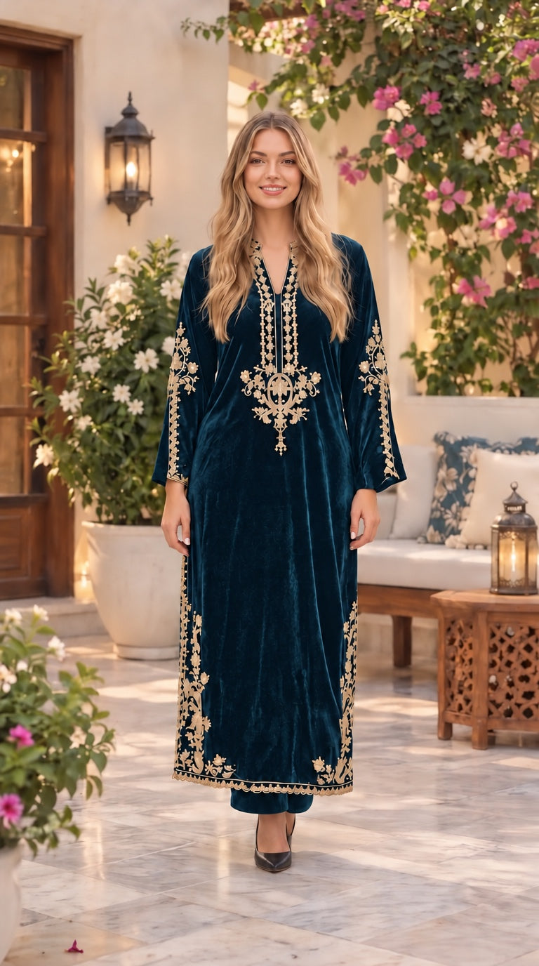 W636 LUXURY VELVET EMBROIDERED KAFTAN SET - East meets west clothing 