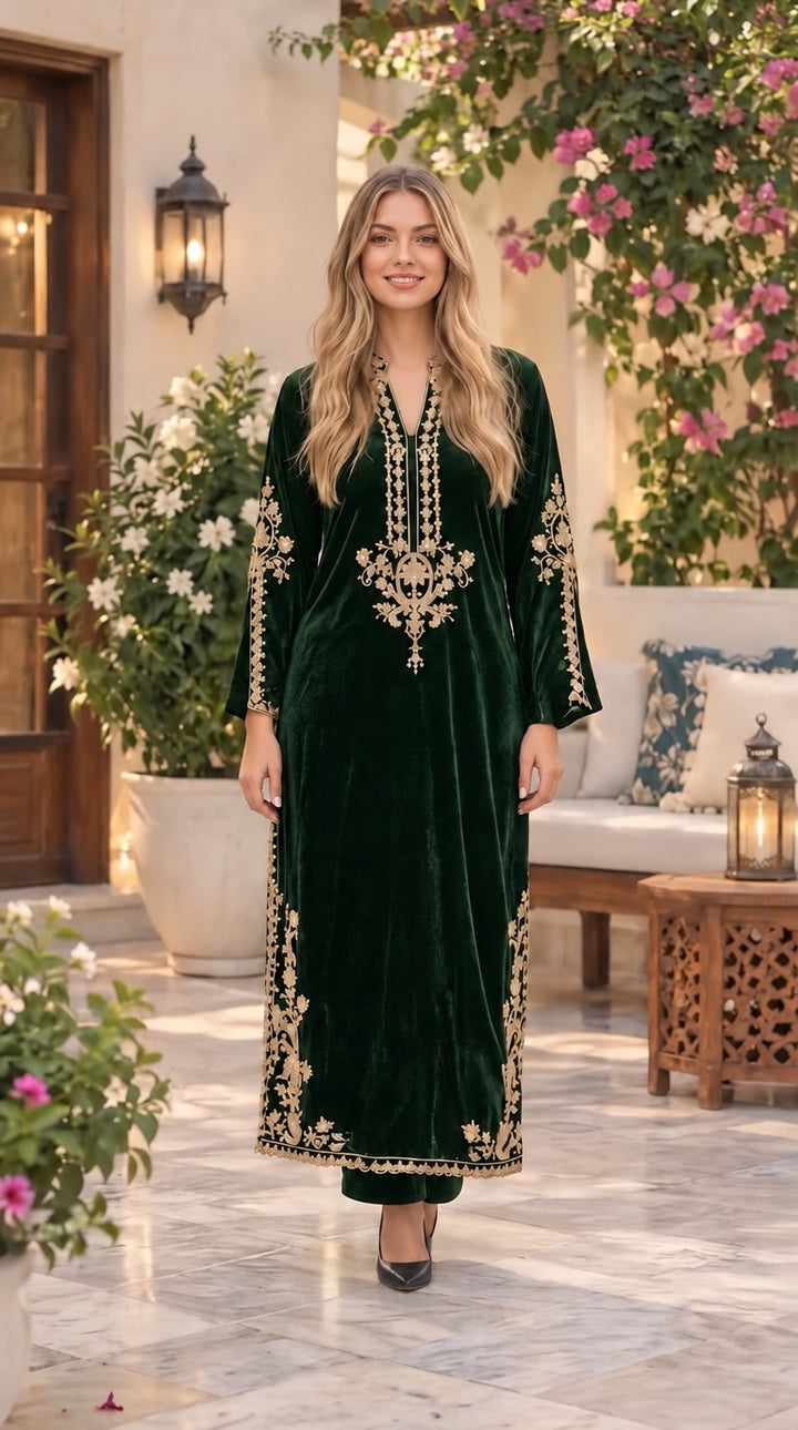 W636 LUXURY VELVET EMBROIDERED KAFTAN SET - East meets west clothing 