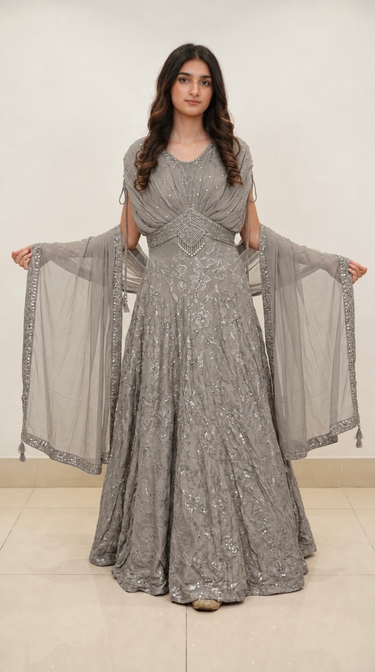 3119B - Girls’ Grey Embroidered Lengha Choli - East meets west clothing 
